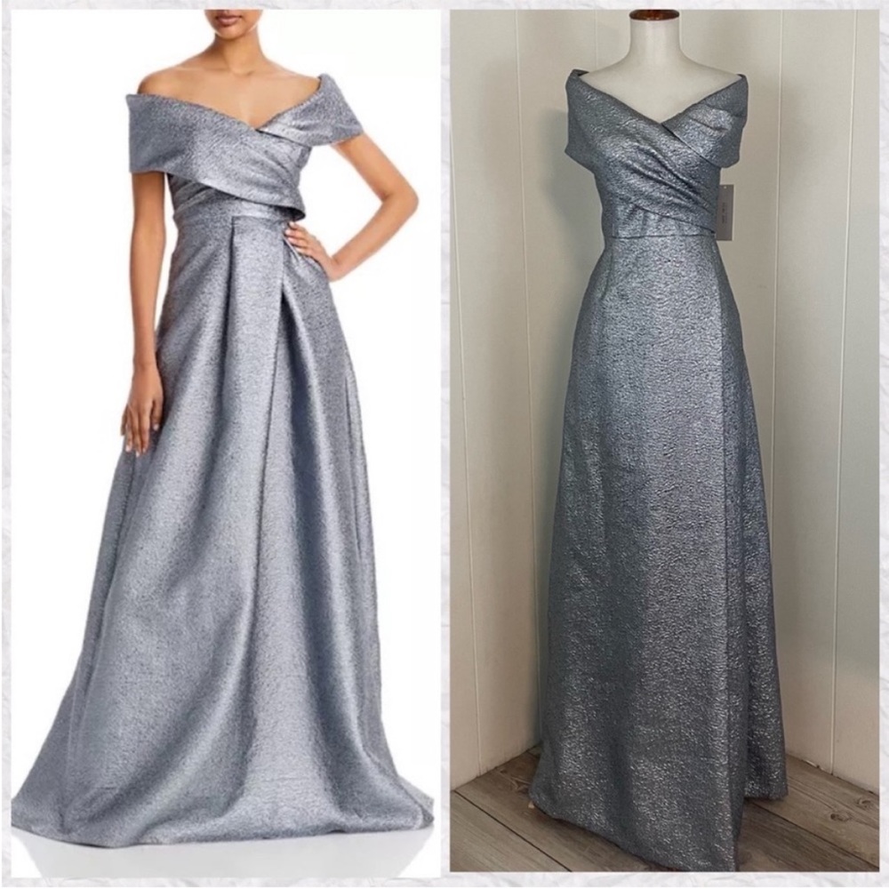 Rickie Freeman Teri Jon Metallic Jacquard Off Shoulder Column Gown